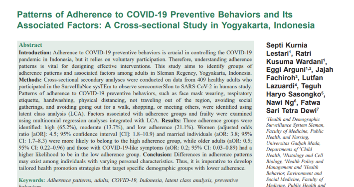 [New Research Article] Patterns of Adherence to COVID-19 Preventive Behaviors and Its Associated Factors: A Cross-sectional Study in Yogyakarta, Indonesia